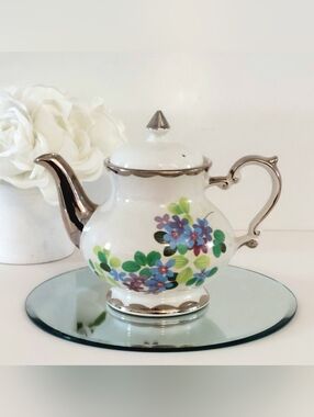 Vintage Gibson Staffordshire Tiffany Teapot Silver Trim Floral Design England